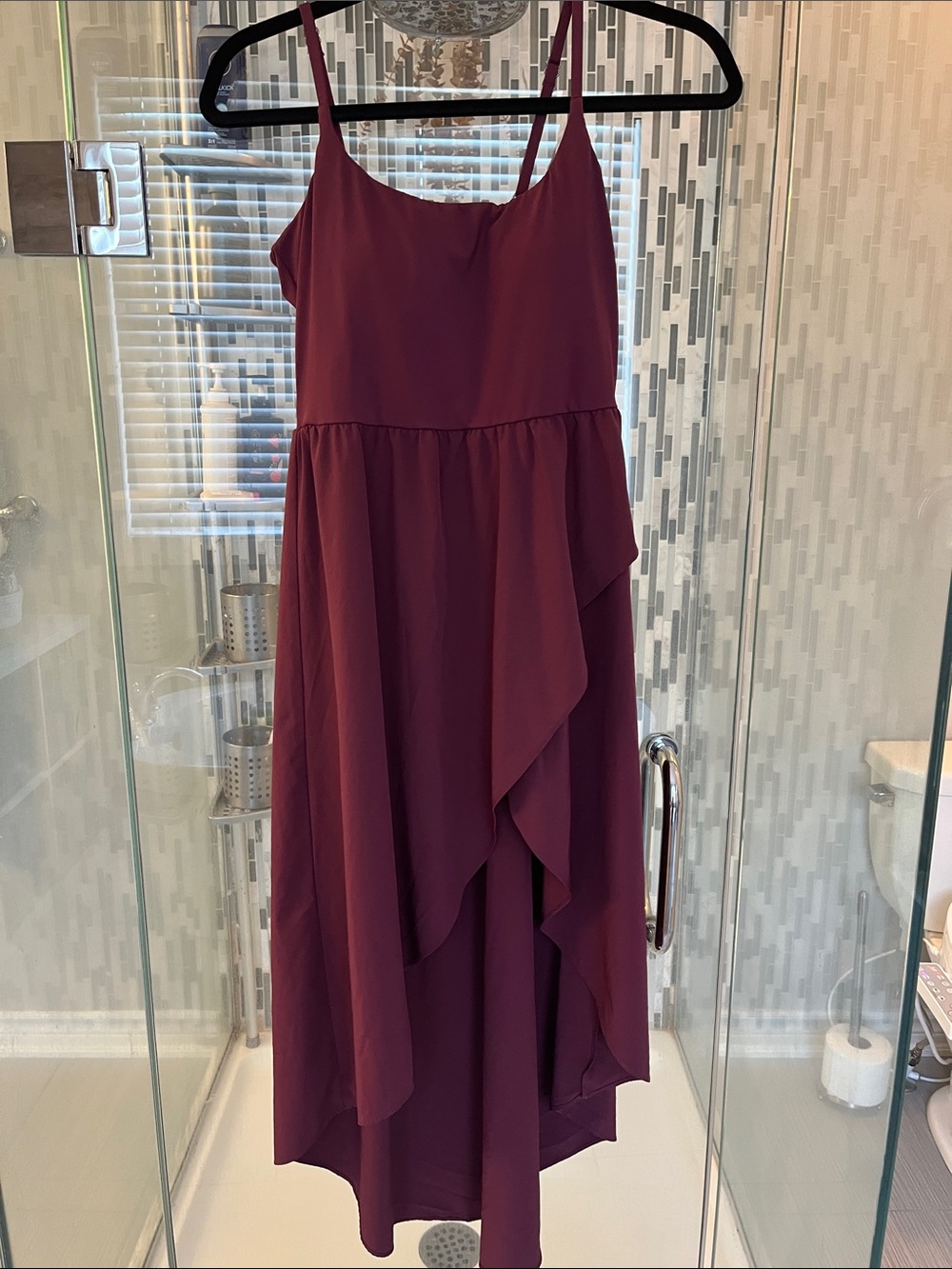 HALARA Burgundy High-Low Spaghetti Strap Dress with matching shorts